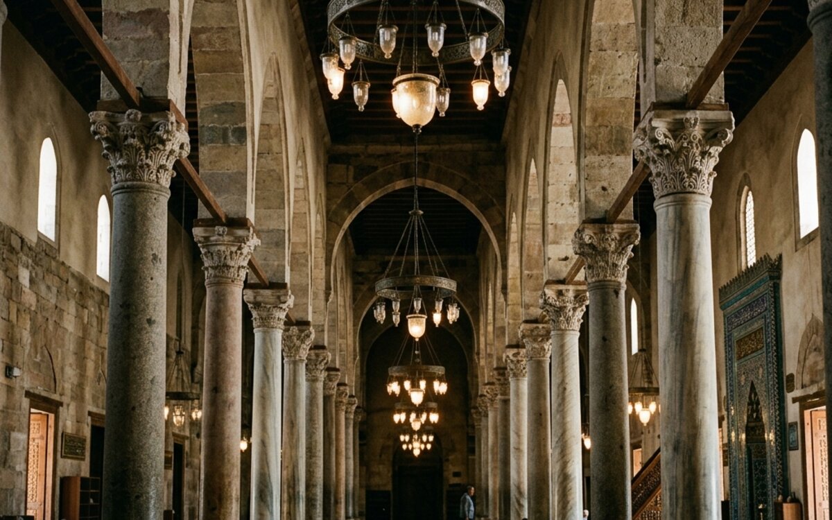 Alaeddin Camii içindeki tarihi sütunların dizilimi, antik Roma devşirmesi başlıklar ve tavandan sarkan dev avizelerin yarattığı mistik atmosfer
