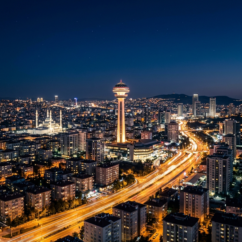 Ankara Gece Manzarası Atakule ve Şehir Işıkları Altında Bulvarlar