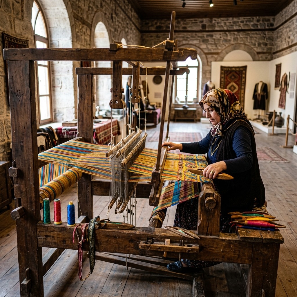 Müze koleksiyonunda yer alan eski bir ipek dokuma tezgahı, üzerindeki parlak Bursa ipeği teller ve fabrikanın tarihi fotoğrafları görüntüsü