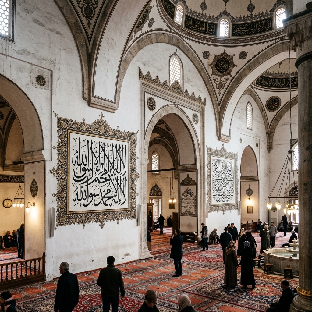 Ulu Cami'nin beyaz duvarlarındaki devasa siyah hat yazılarını ve ince işçilikle hazırlanmış levhaların detaylarını gösteren açı
