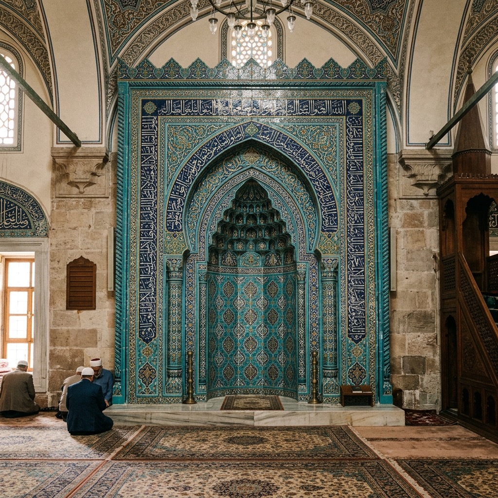 Yeşil Cami içindeki devasa lacivert ve turkuaz çini mihrabın detaylı geometrik desenleri ve bordürleri
