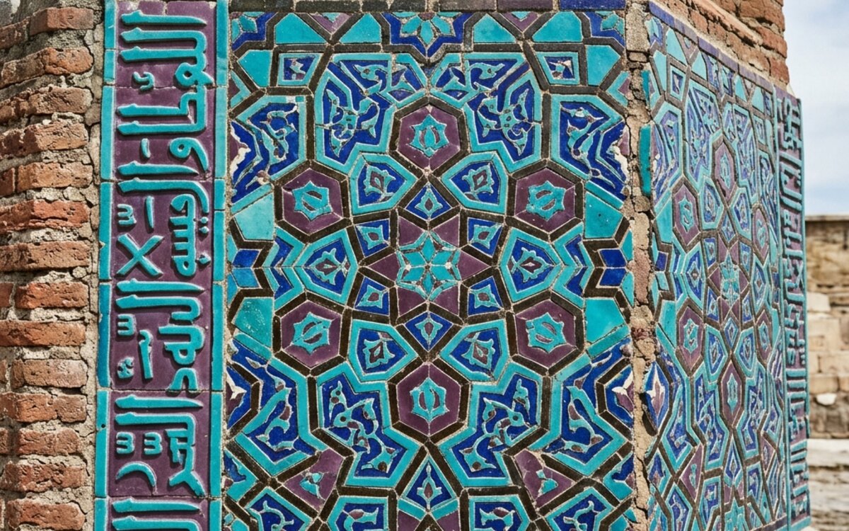 İnce Minareli Medrese'nin minare kaidesindeki turkuaz ve lacivert çini detayların yakın plan görüntüsü, taşlar arasındaki kontrastın estetiği