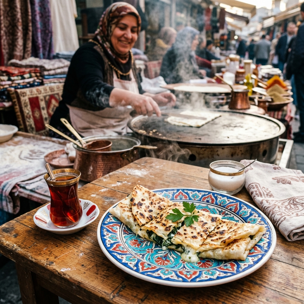 Pazar gezisi sırasında verilen çay ve gözleme molası
