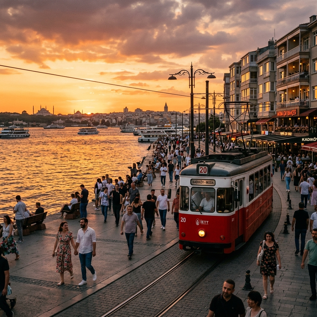 Kadıköy Moda sahilinde gün batımı ve nostaljik tramvay