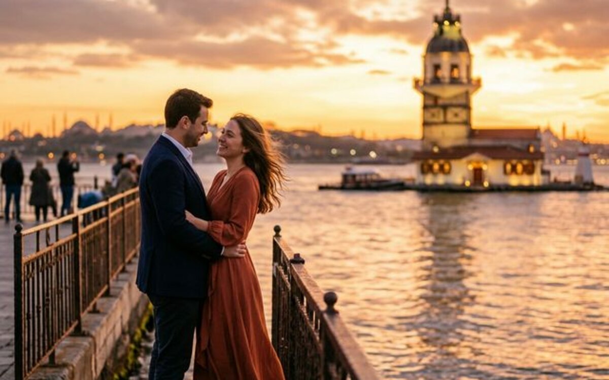 İstanbul Kız Kulesi’nin Gece Işıklandırılmış Hali ve Bir Çiftin Evlilik Teklifi Anındaki Romantik Gölgesi