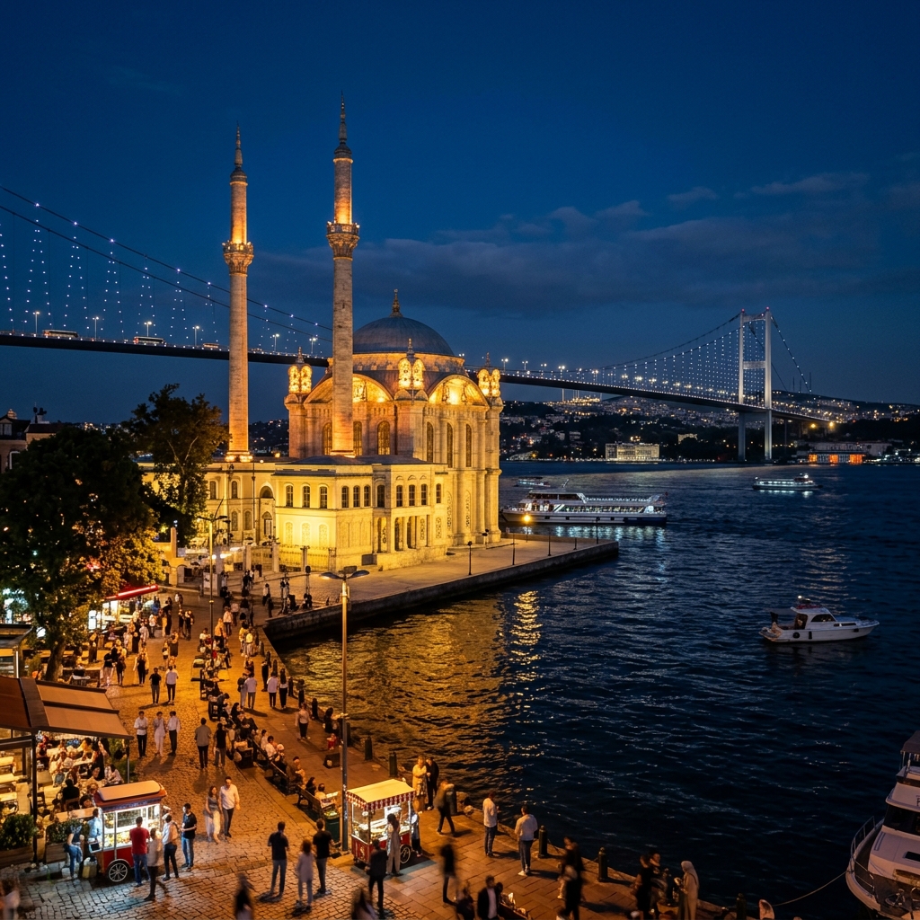 İstanbul Boğaz Köprüsü’nün Gece Çok Renkli Işıklandırılmış Hali ve Ortaköy Camii’nin Zarif Silüeti