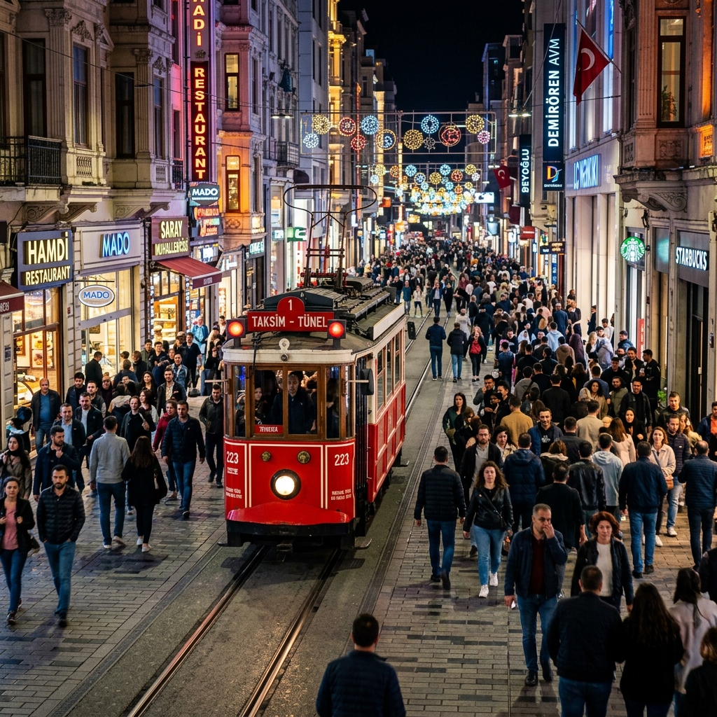 İstanbul Beyoğlu İstiklal Caddesi’nin Gece Işıklandırılmış ve İnsan Kalabalığıyla Dolu O Dinamik Görüntüsü