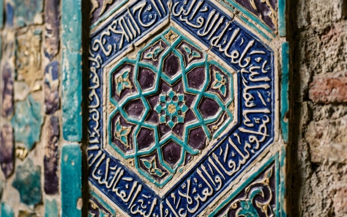 Karatay Medresesi'nin iç duvarlarındaki çini kaplamaların yakından görünüşü, patlıcan moru ve turkuaz renklerin kontrastı ve üzerindeki kufi yazı detayları