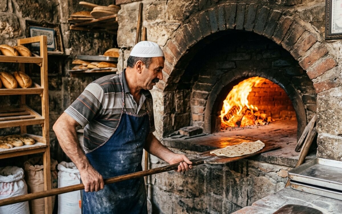 Etli ekmek fırınında kürekle fırına sürülen pelerin boyundaki hamurlar ve içeride yanan odun ateşinin yarattığı otantik mutfak karesi