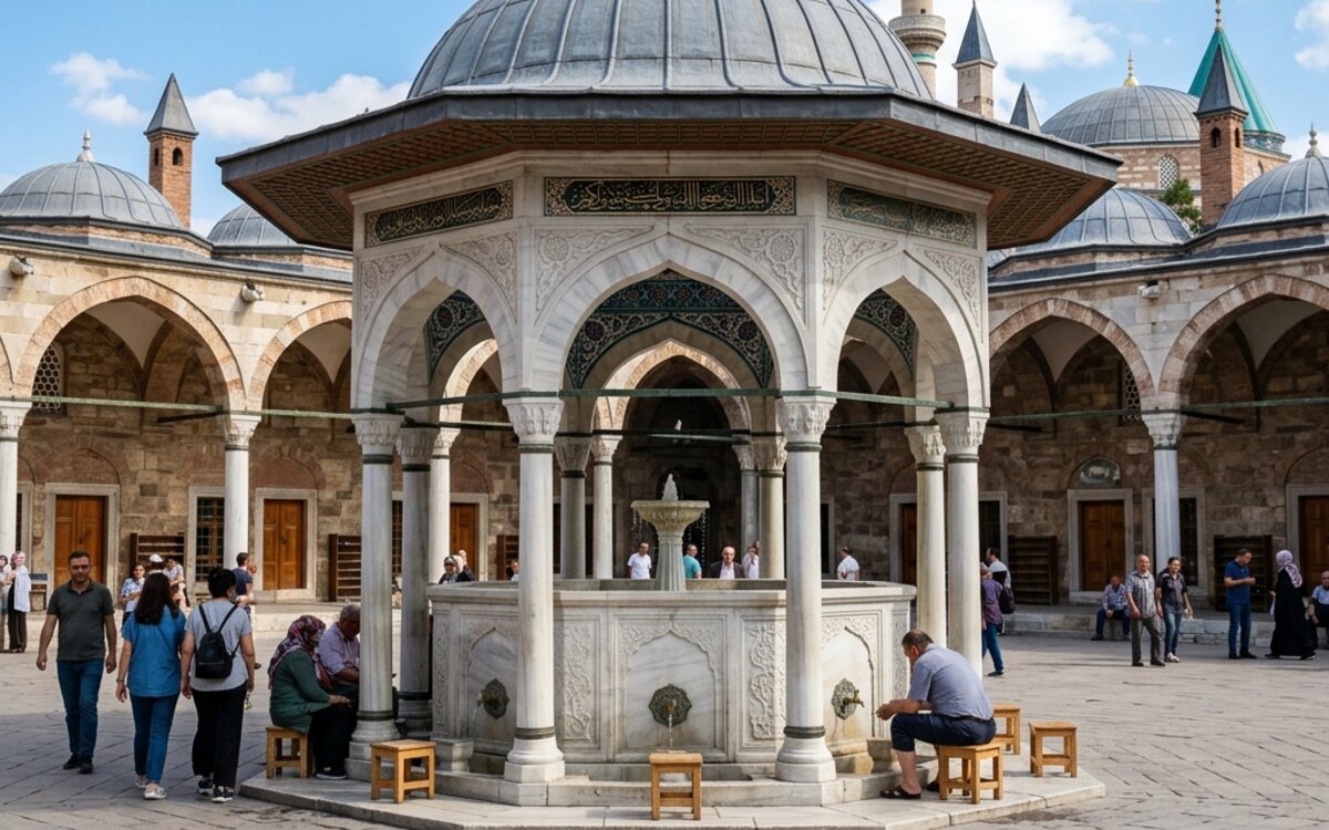 Mevlana Müzesi avlusundaki tarihi mermer şadırvan ve arkada derviş hücrelerinin kemerli yapısı üzerine düşen akşam gölgeleri