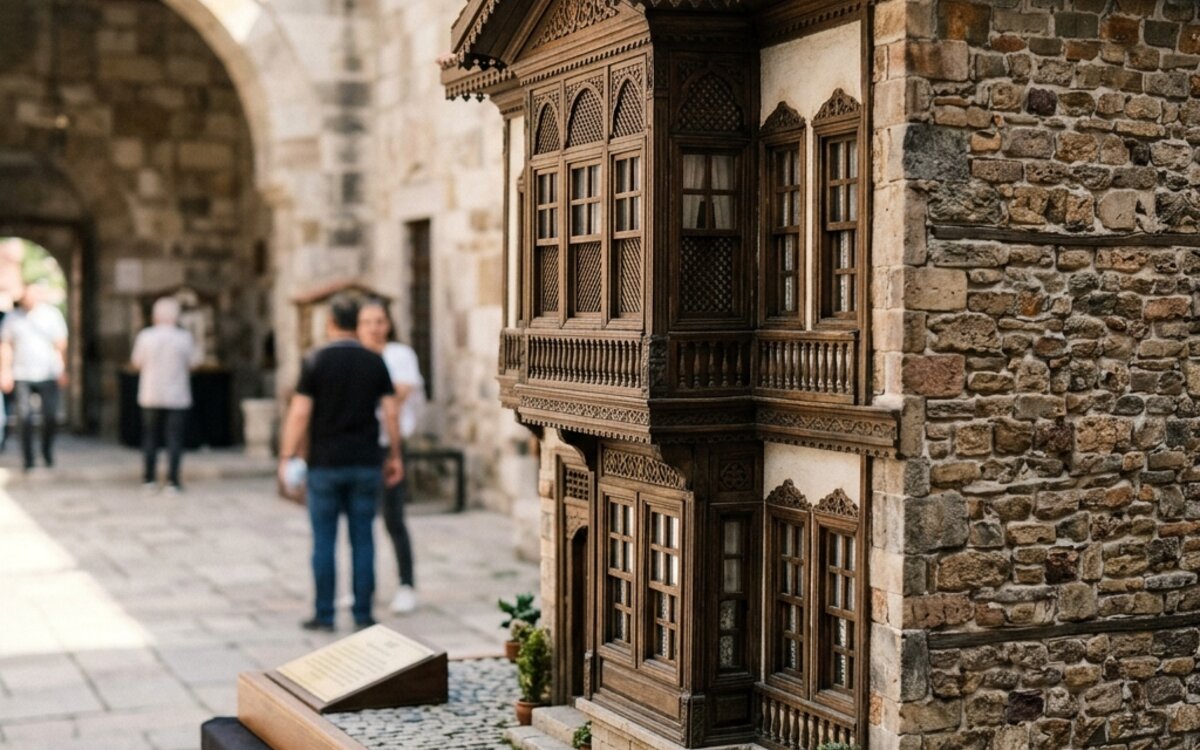 Müze avlusundaki Mevlevihane maketlerinden birinin yakın plan görüntüsü, üzerindeki minik pencere detayları ve taş işçiliğinin aslına uygun minyatür estetiği
