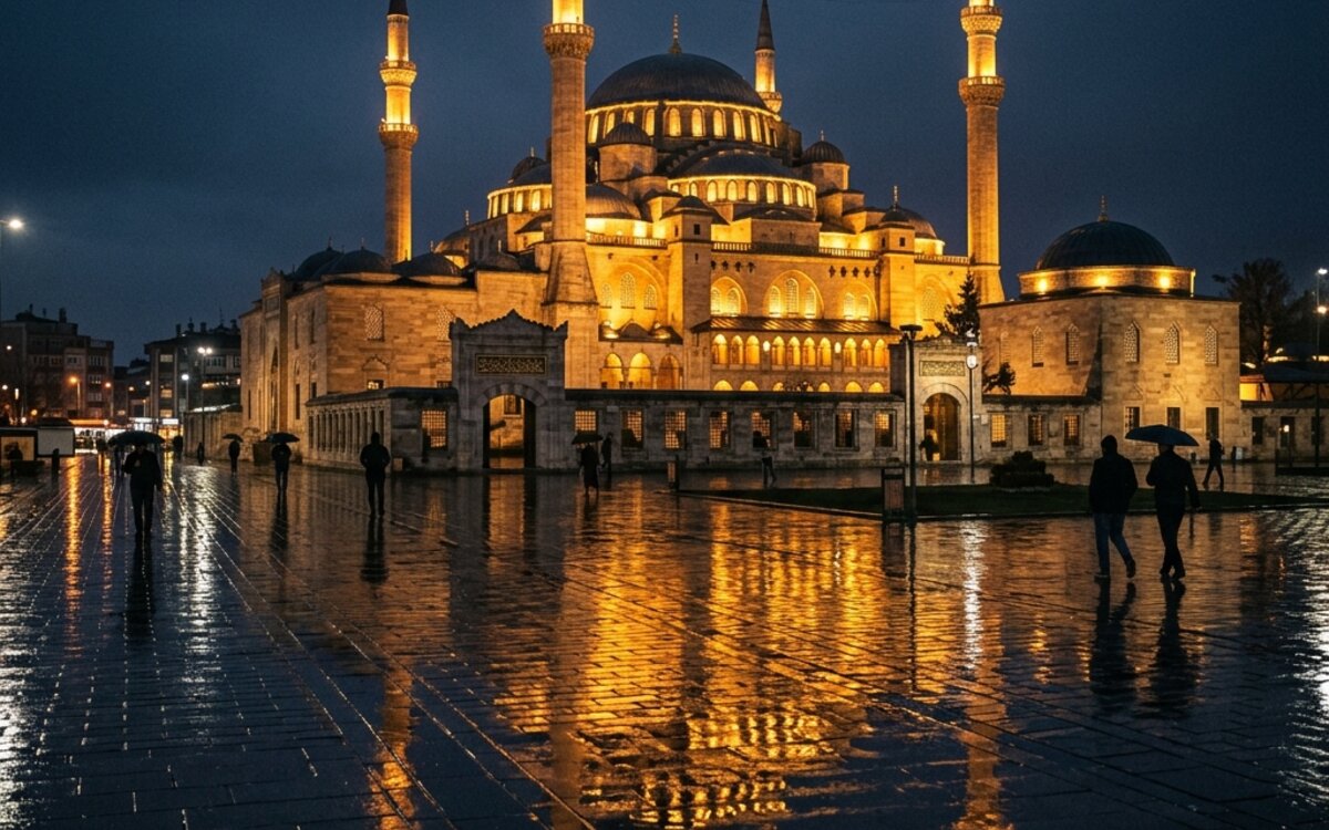Selimiye Camii'nin akşam ışıkları altındaki silüeti, caminin pencerelerinden yansıyan sıcak sarı ışık ve önündeki ıslak meydan zemininin yansıması