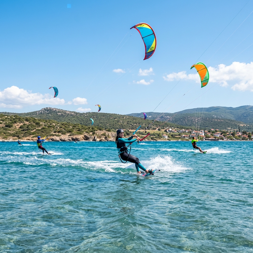 Urla Gülbahçe'de kitesurf yapan sporcular