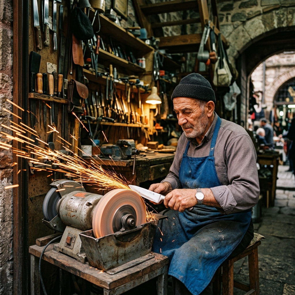 Uzunçarşı'nın bir köşesinde tezgahını kurmuş olan yaşlı bir ustanın, bıçak bileme makinesinden çıkan kıvılcımlar ve dikkatli yüz ifadesi görüntüsü
